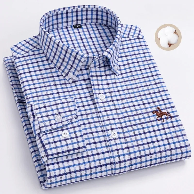S~7XL 100% Pure Cotton Men's Long Sleeve Oxford Spinning Shirt Business Leisure Embroidery Pocket Slim Fit Button Style Soft Med