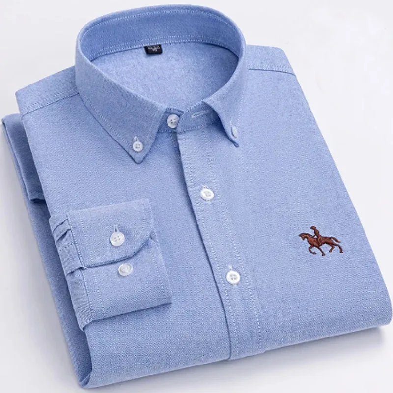 S~7XL 100% Pure Cotton Men's Long Sleeve Oxford Spinning Shirt Business Leisure Embroidery Pocket Slim Fit Button Style Soft Med
