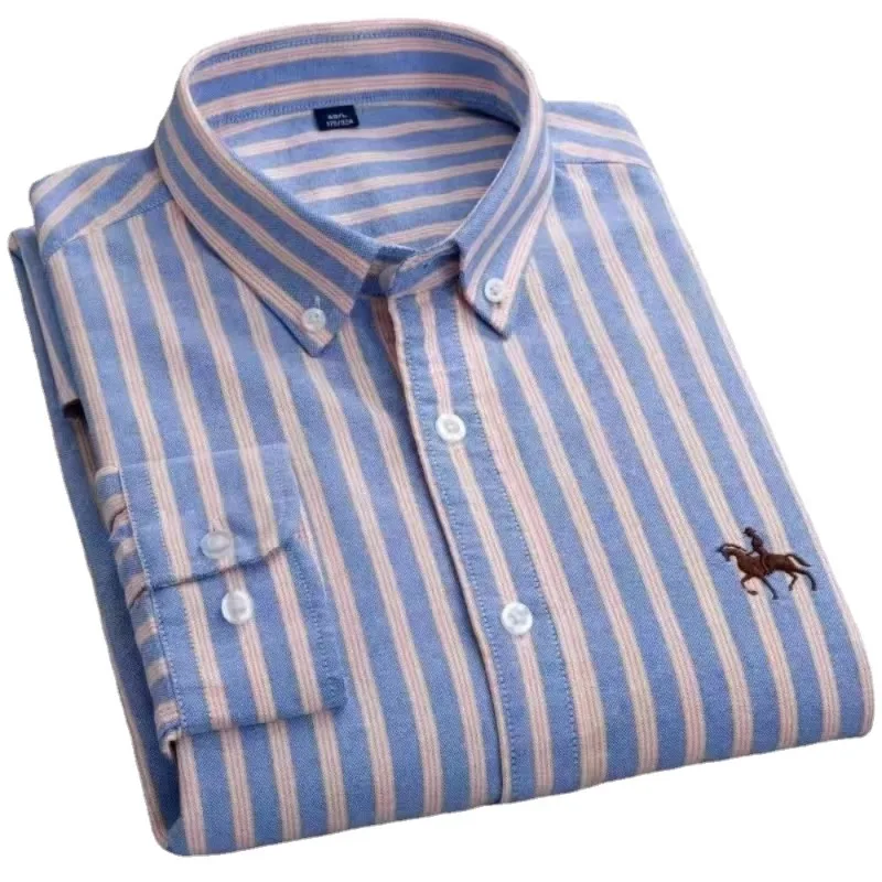 S~7XL 100% Pure Cotton Men's Long Sleeve Oxford Spinning Shirt Business Leisure Embroidery Pocket Slim Fit Button Style Soft Med