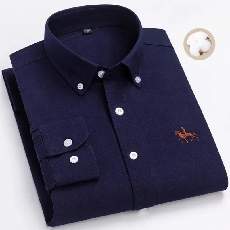 S~7XL 100% Pure Cotton Men's Long Sleeve Oxford Spinning Shirt Business Leisure Embroidery Pocket Slim Fit Button Style Soft Med