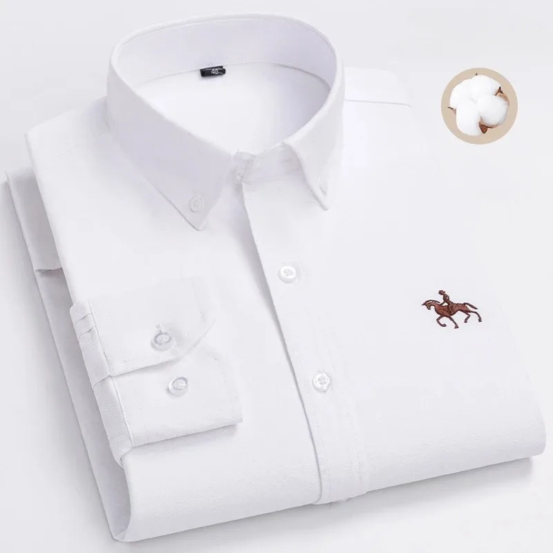 S~7XL 100% Pure Cotton Men's Long Sleeve Oxford Spinning Shirt Business Leisure Embroidery Pocket Slim Fit Button Style Soft Med