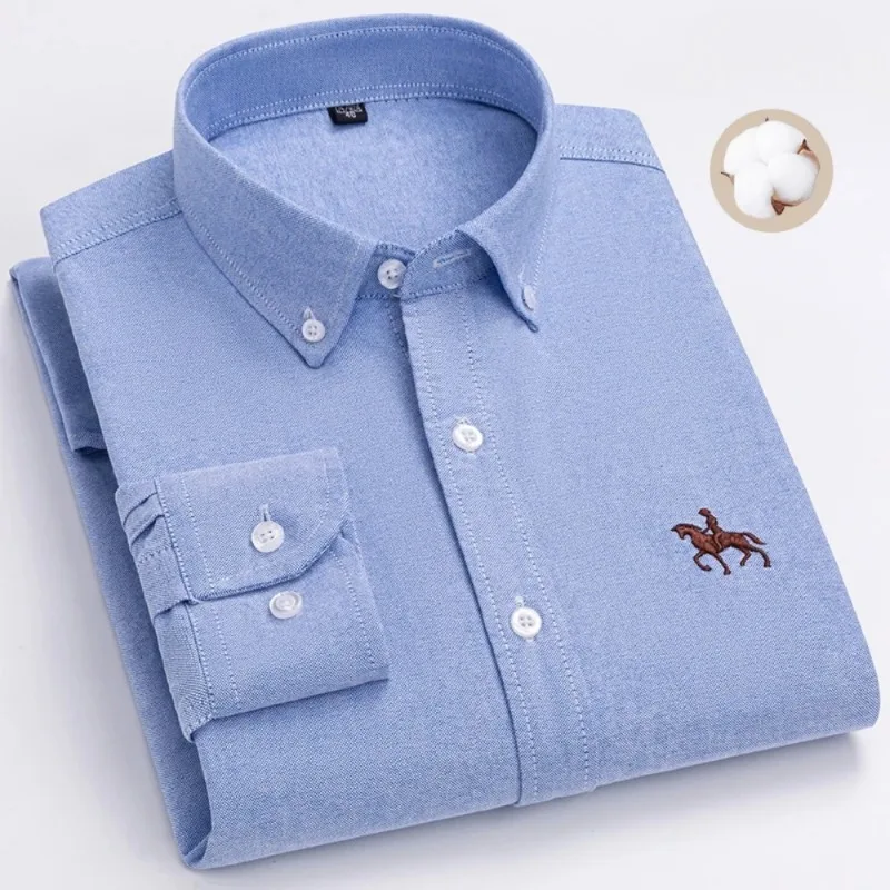 S~7XL 100% Pure Cotton Men's Long Sleeve Oxford Spinning Shirt Business Leisure Embroidery Pocket Slim Fit Button Style Soft Med
