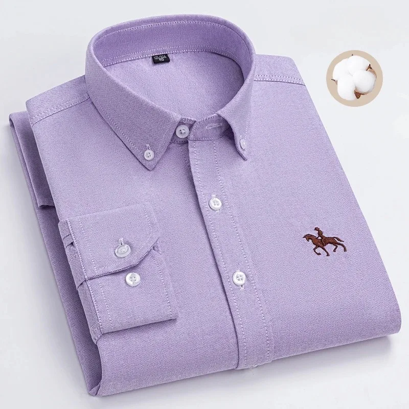 S~7XL 100% Pure Cotton Men's Long Sleeve Oxford Spinning Shirt Business Leisure Embroidery Pocket Slim Fit Button Style Soft Med