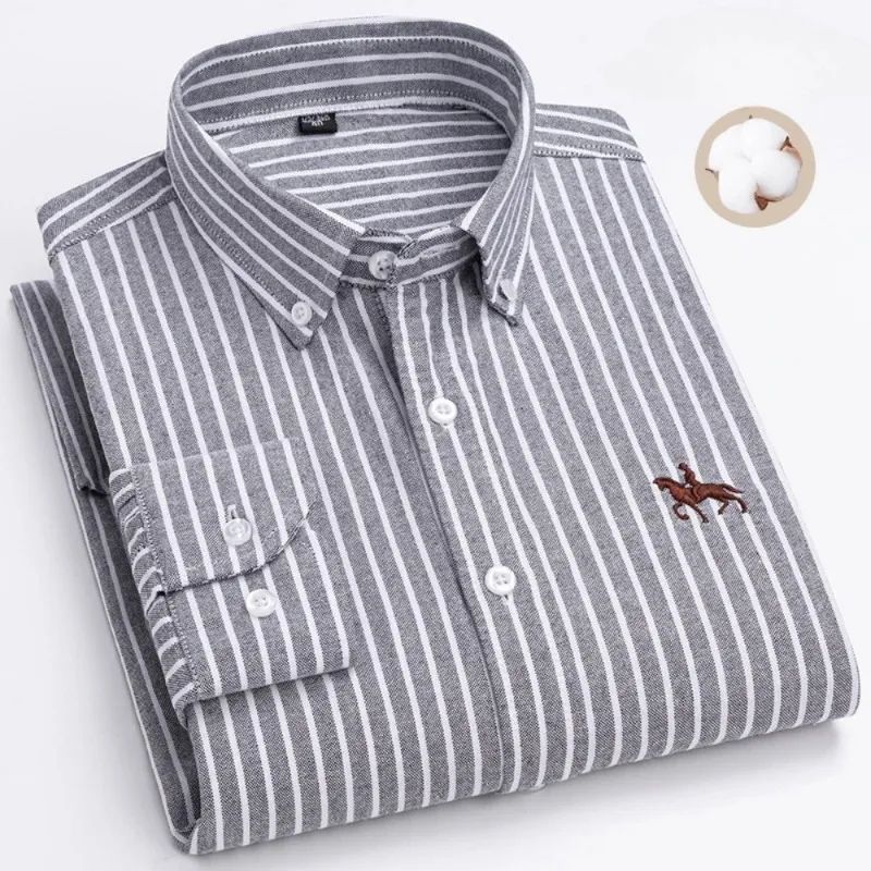 S~7XL 100% Pure Cotton Men's Long Sleeve Oxford Spinning Shirt Business Leisure Embroidery Pocket Slim Fit Button Style Soft Med
