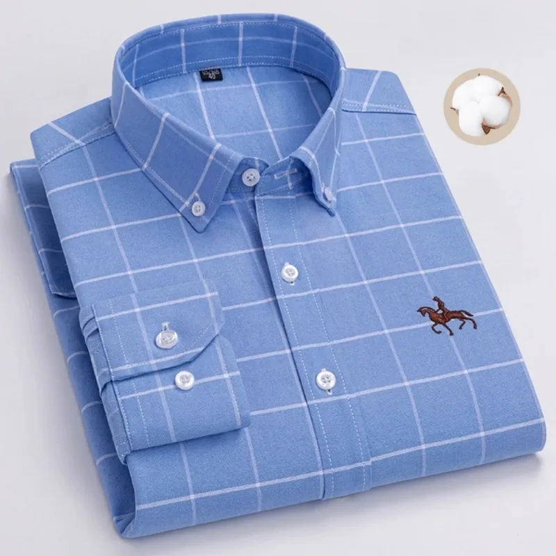 S~7XL 100% Pure Cotton Men's Long Sleeve Oxford Spinning Shirt Business Leisure Embroidery Pocket Slim Fit Button Style Soft Med