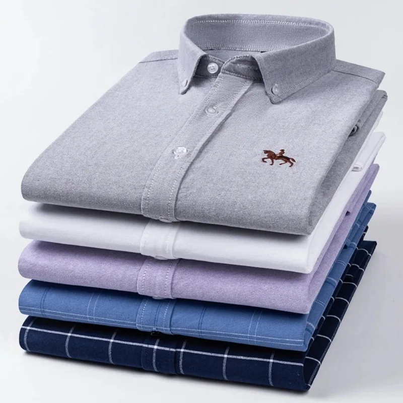 S~7XL 100% Pure Cotton Men's Long Sleeve Oxford Spinning Shirt Business Leisure Embroidery Pocket Slim Fit Button Style Soft Med