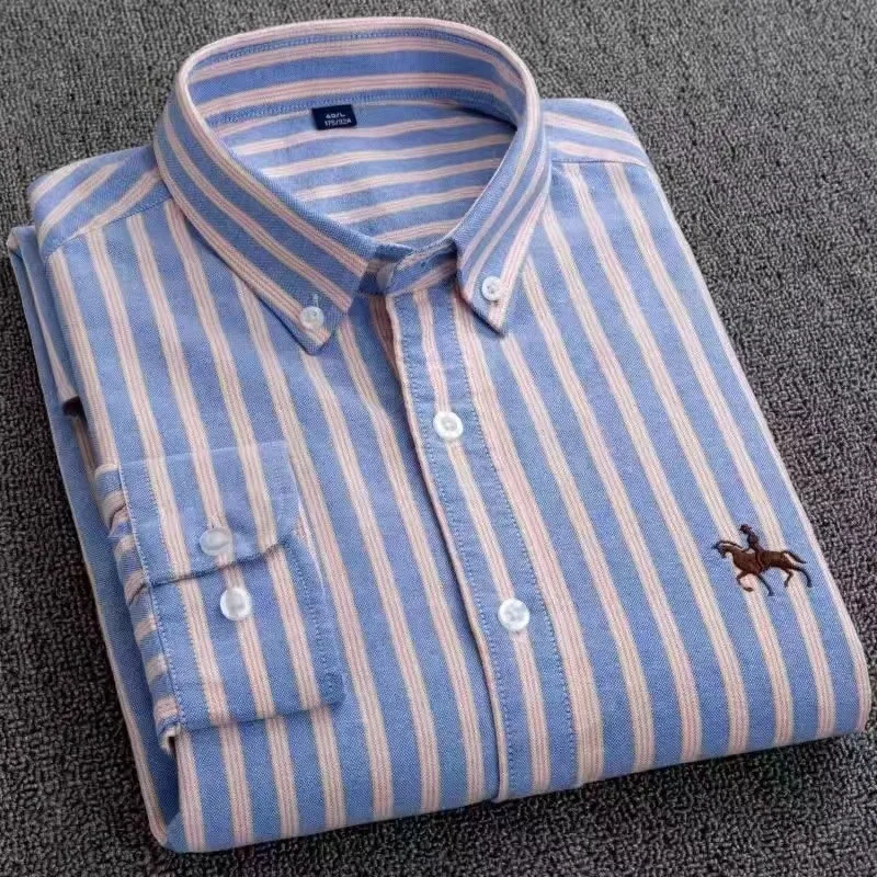 S~7XL 100% Pure Cotton Men's Long Sleeve Oxford Spinning Shirt Business Leisure Embroidery Pocket Slim Fit Button Style Soft Med
