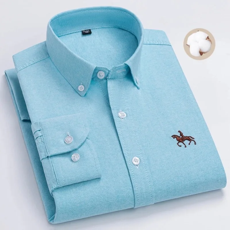 S~7XL 100% Pure Cotton Men's Long Sleeve Oxford Spinning Shirt Business Leisure Embroidery Pocket Slim Fit Button Style Soft Med