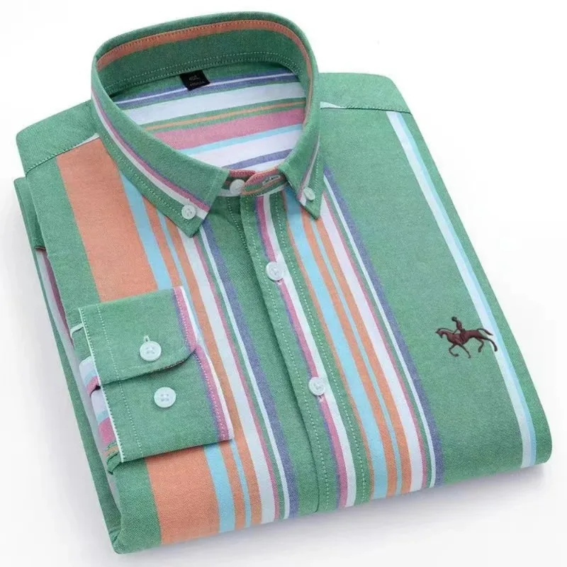 S~7XL 100% Pure Cotton Men's Long Sleeve Oxford Spinning Shirt Business Leisure Embroidery Pocket Slim Fit Button Style Soft Med