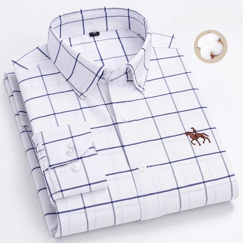 S~7XL 100% Pure Cotton Men's Long Sleeve Oxford Spinning Shirt Business Leisure Embroidery Pocket Slim Fit Button Style Soft Med
