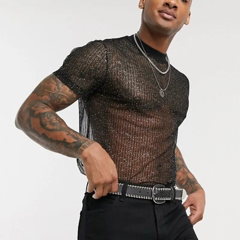 2023 Men Short Sleeve Mesh Shirt Sheer Slim Fit Shiny Sexy T Shirt Party Nightclub Thin Breathable
