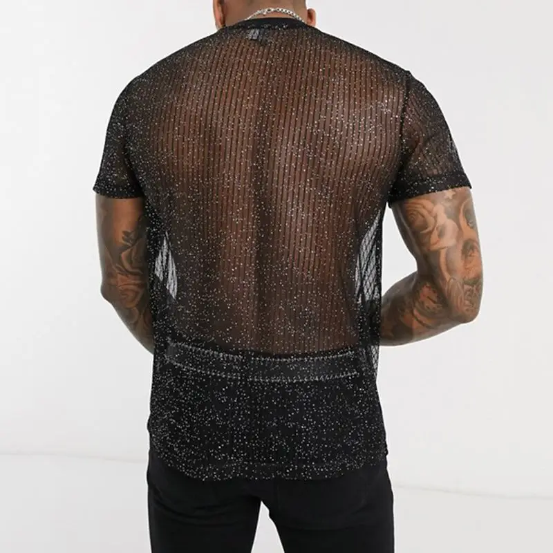 Alternative view of 2023 Men Short Sleeve Mesh Shirt Sheer Slim Fit Shiny Sexy T Shirt Party Nightclub Thin Breathable