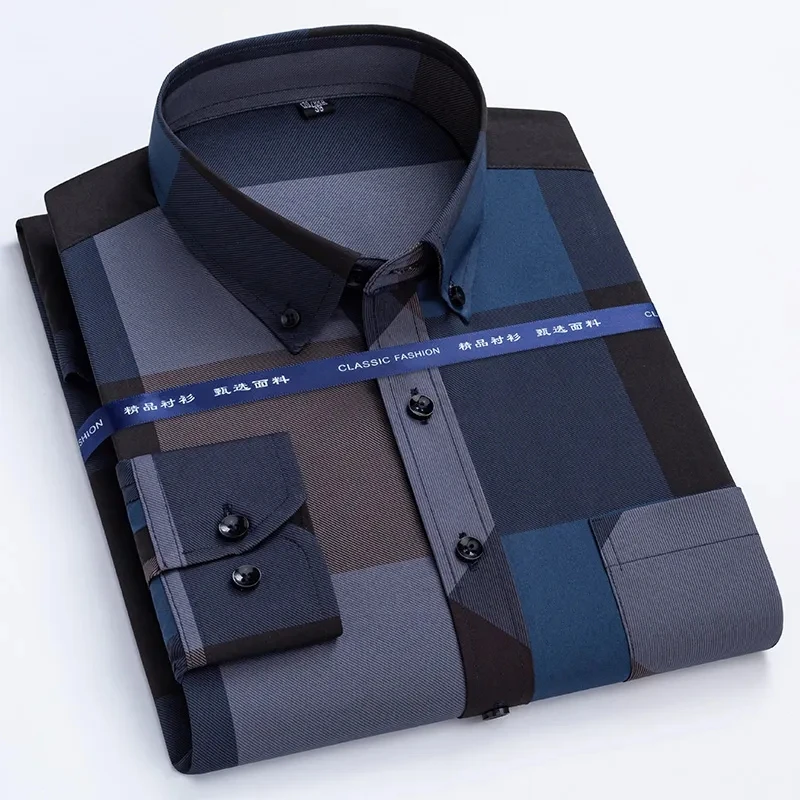 Alternative view of Men's Print Shirt Autumn Spring Long Sleeve Thin Non Iron Fashion Business Causal Social Anti-wrinkle Plaid Slim Fit Chemise Hom