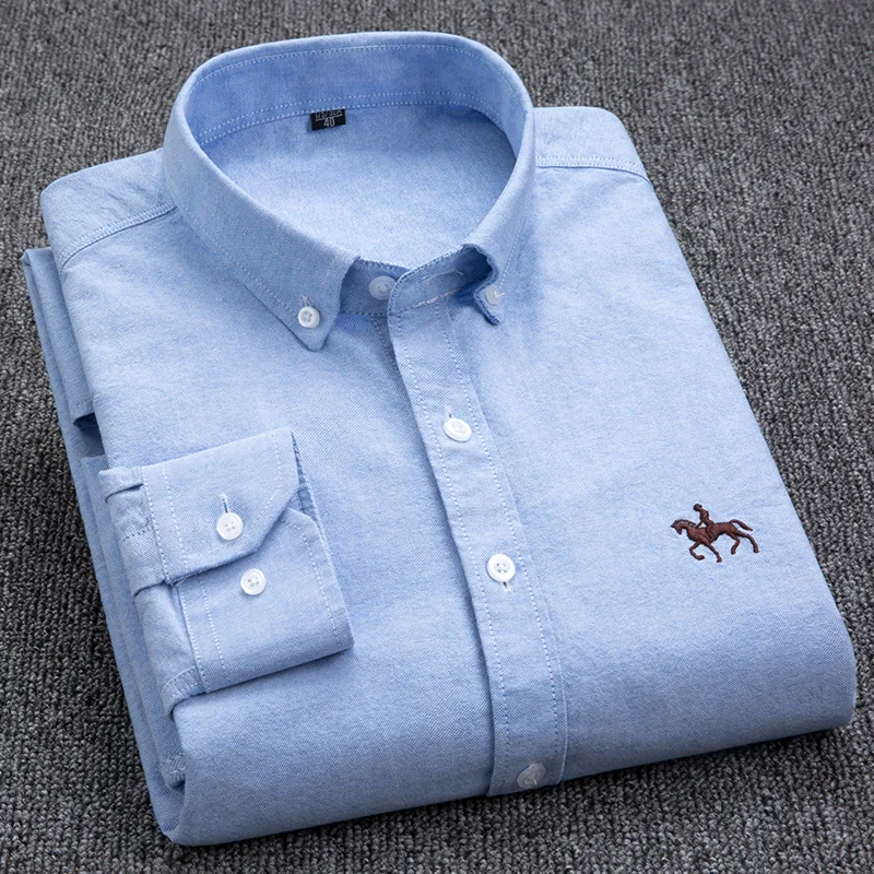Alternative view of 100% Cotton Oxford Shirt Men's Long Sleeve Embroidered Horse Casual Without Pocket Solid Yellow Dress Shirt Men Plus Size S-6XL