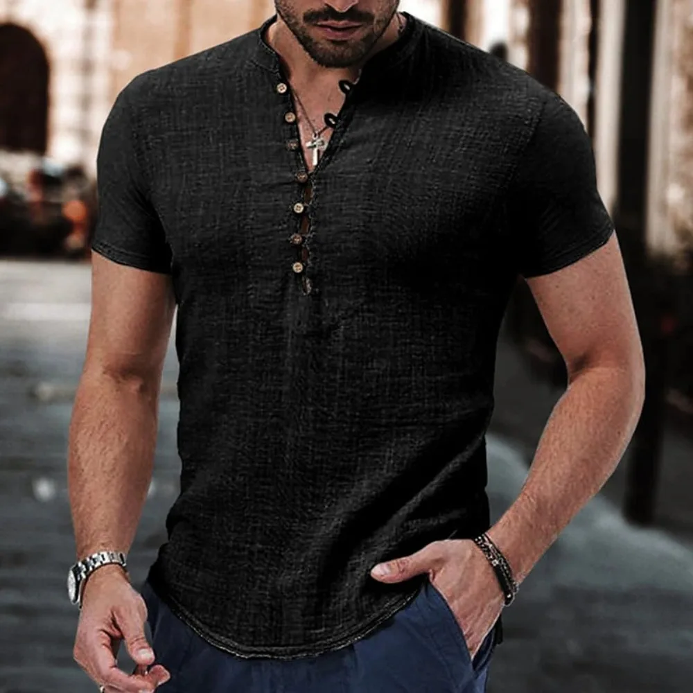 Alternative view of 2023 New Men's Short Sleeve Tshirt V neck button Cotton Linen Shirt Men's Casual Clothes Popular Tops for Men