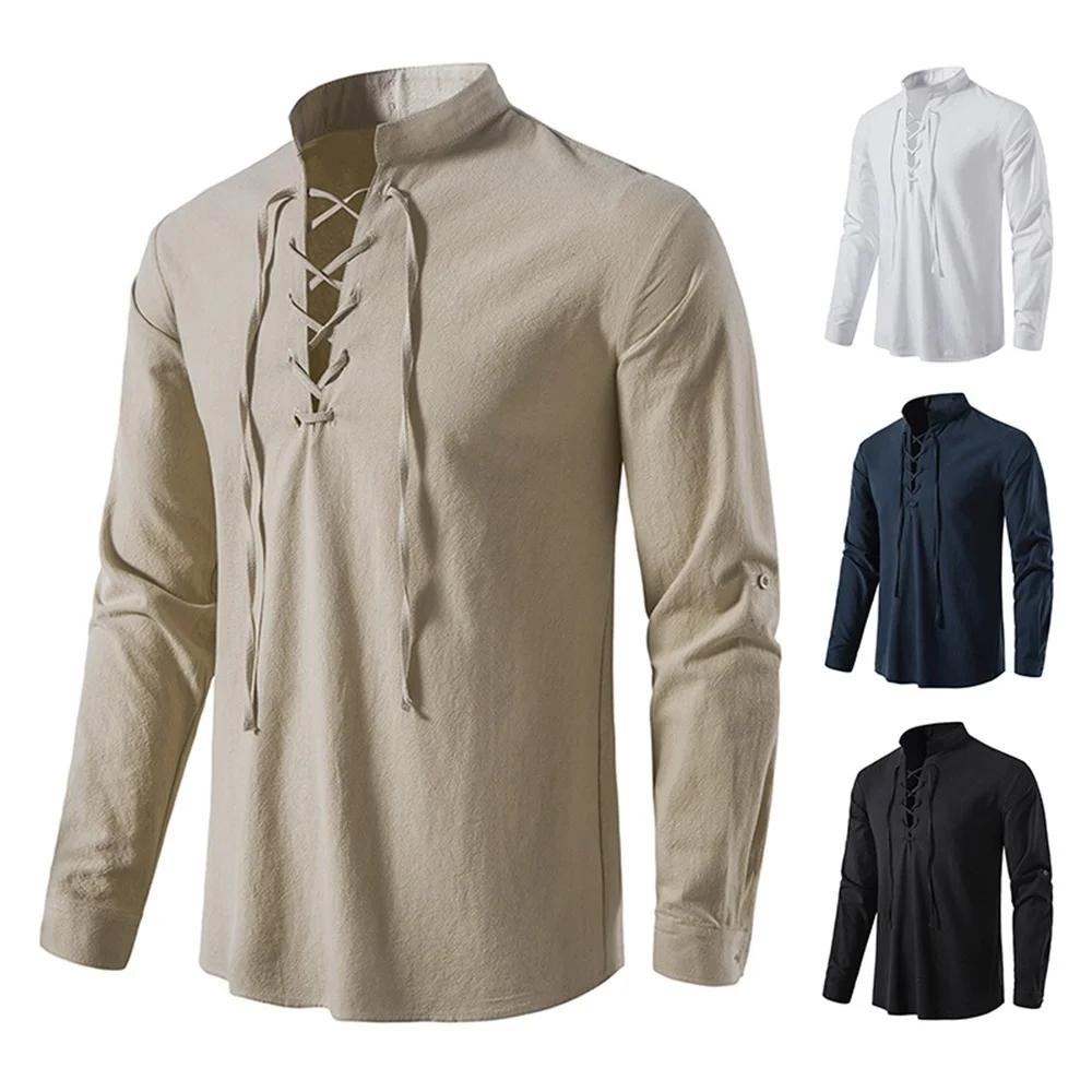 Alternative view of 2023 New Men's Casual Blouse Cotton Linen Shirt Tops Long Sleeve Tee Shirt Spring Autumn Slanted Placket Vintage Yoga Shirts