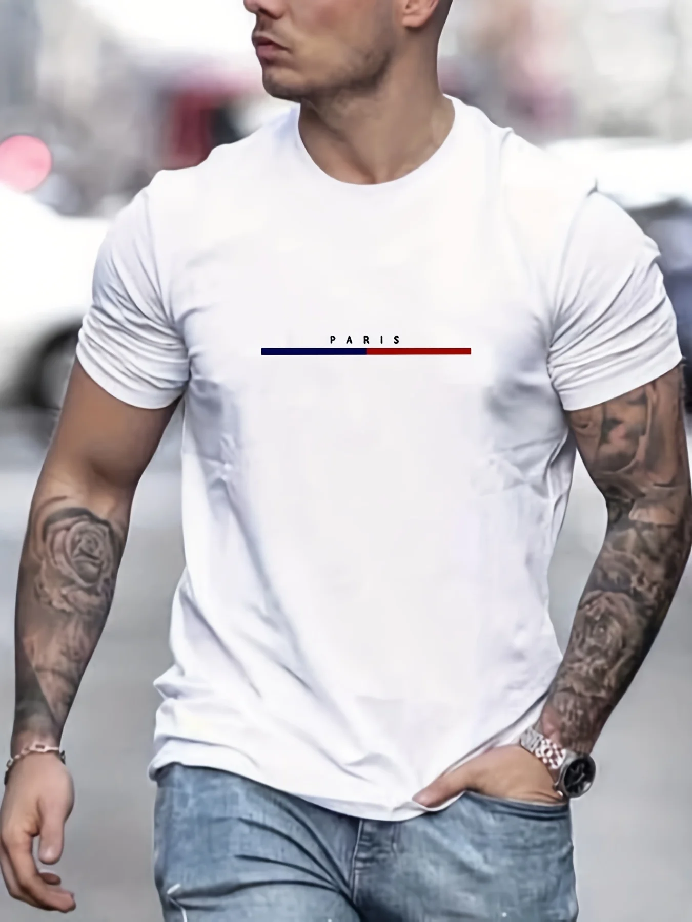 Alternative view of Men's 100 Cotton Paris Short Sleeve T-shirt Top Loose Tshirt