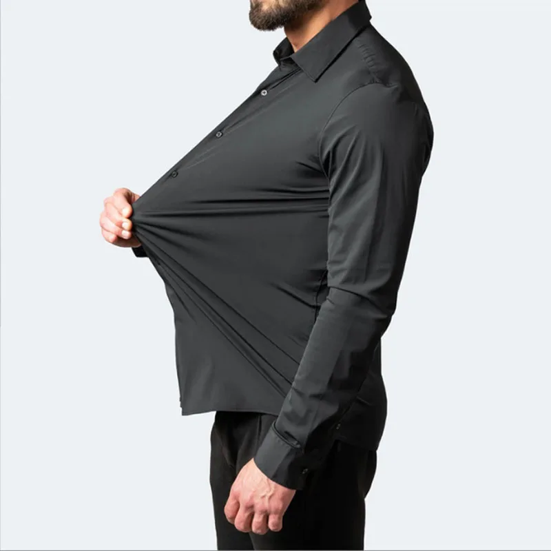 Alternative view of 6xl New autumn and winter  elastic force non-iron men's long-sleeved business casual shirt solid color mercerized vertical shirt
