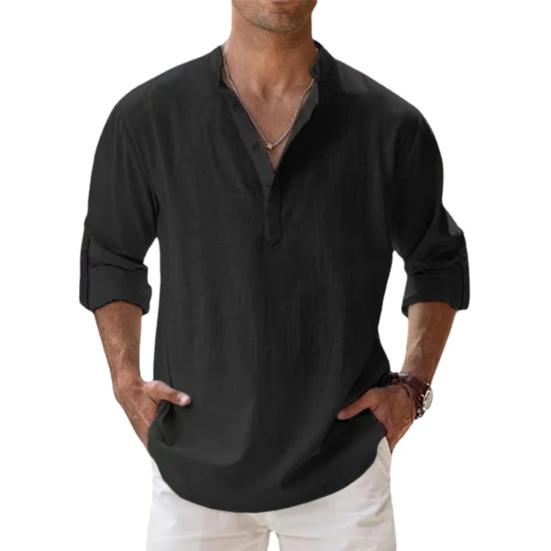 Alternative view of New Cotton Linen Shirts for Men Casual Shirts Lightweight Long Sleeve Henley Beach Shirts Hawaiian T Shirts for Men