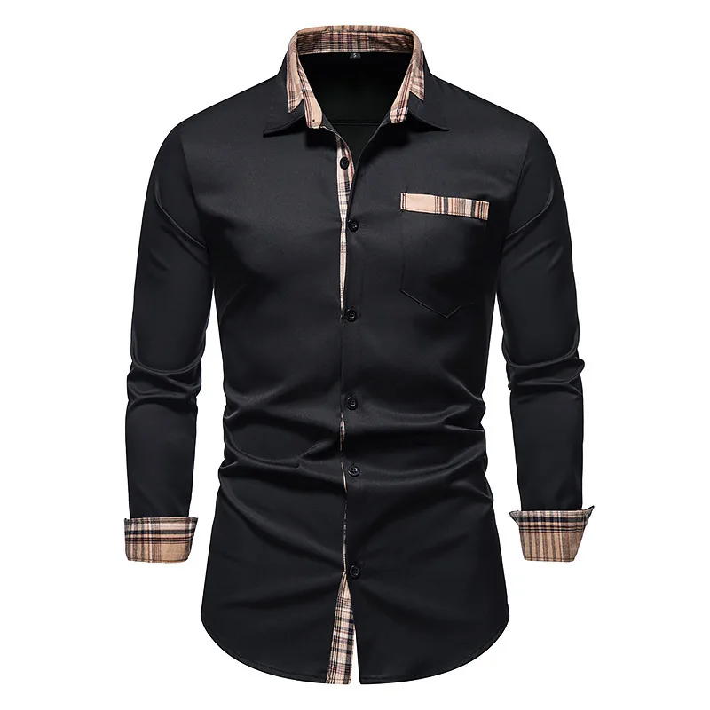 Alternative view of 2023 Autumn/winter New Casual Men's Checkered Shirt Splice Men's Long Sleeve Shirt