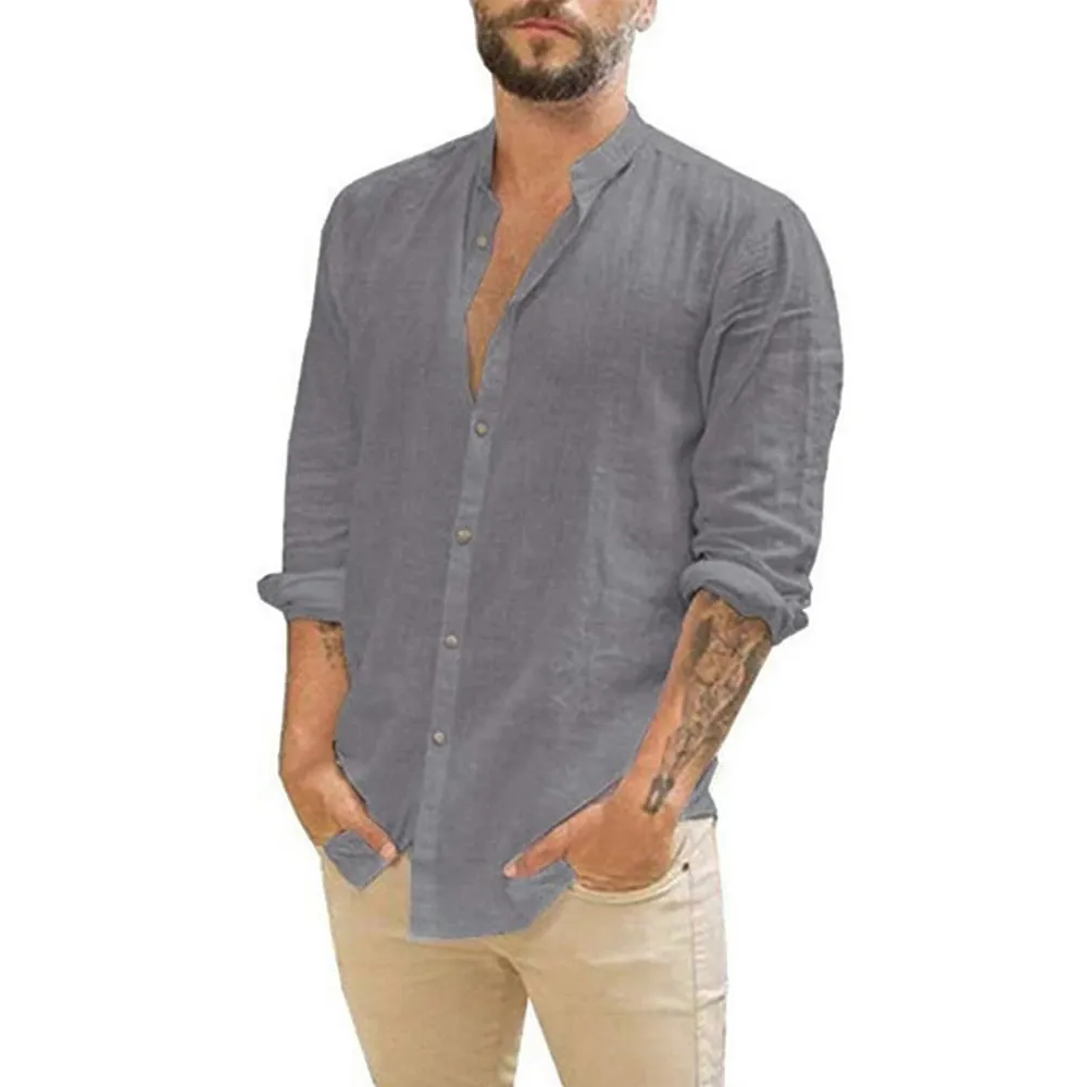 Alternative view of Cotton Linen Hot Sale Men's Long-Sleeved Shirts Summer Solid Color  Stand-Up Collar Casual Beach Style Plus Size