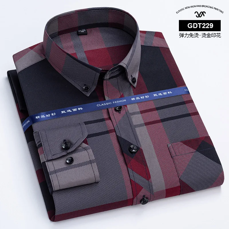 Alternative view of Social New Slim Fit Spring and Autumn Seasons Thin Long Sleeve Men's Non iron Shirt Fashion Business Casual Gold Plated Plaid