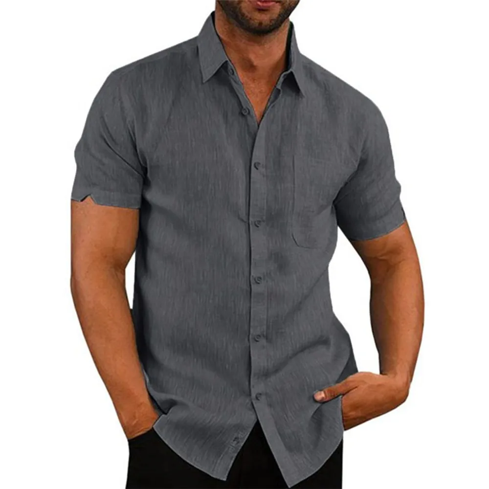 Alternative view of Cotton Linen Hot Sale Men's Short-Sleeved Shirts Summer Solid Color Turn-down collar Casual Beach Style Plus Size