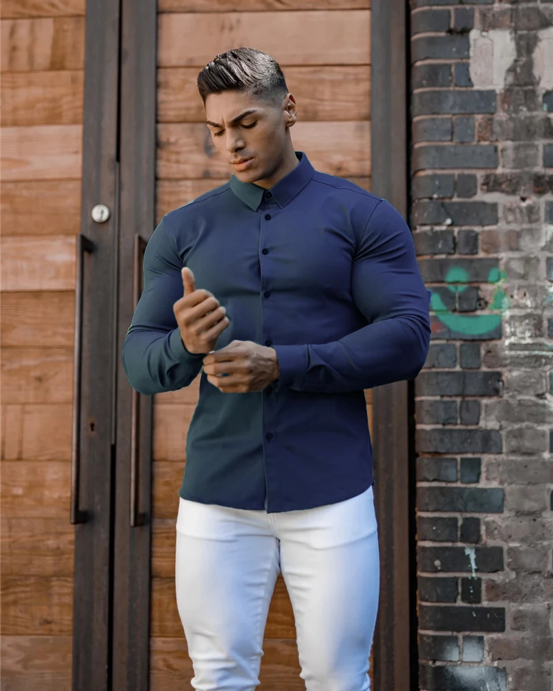 Autumn Fashion Long Sleeve Shirt Men Super Slim Fit Male Casual Social Business Dress Shirt Brand Men Fitness Sports Clothing