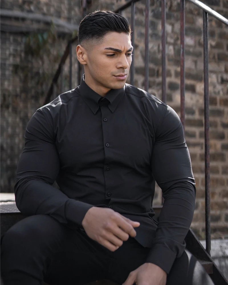 Autumn Fashion Long Sleeve Shirt Men Super Slim Fit Male Casual Social Business Dress Shirt Brand Men Fitness Sports Clothing