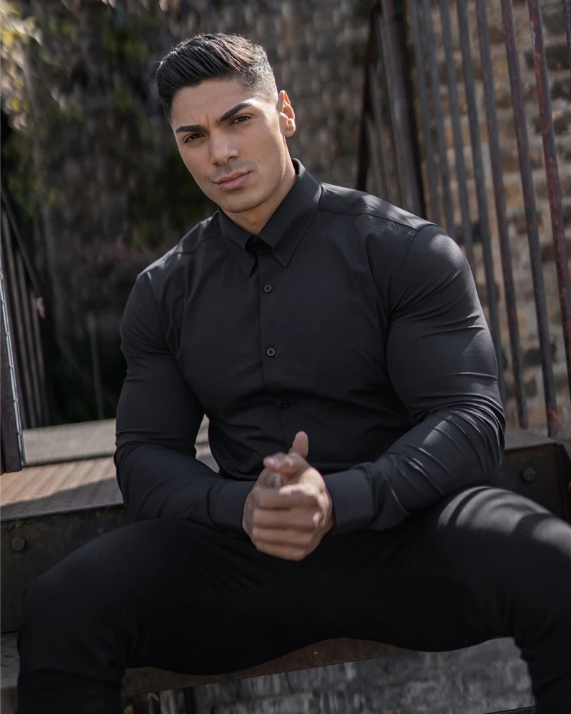 Autumn Fashion Long Sleeve Shirt Men Super Slim Fit Male Casual Social Business Dress Shirt Brand Men Fitness Sports Clothing