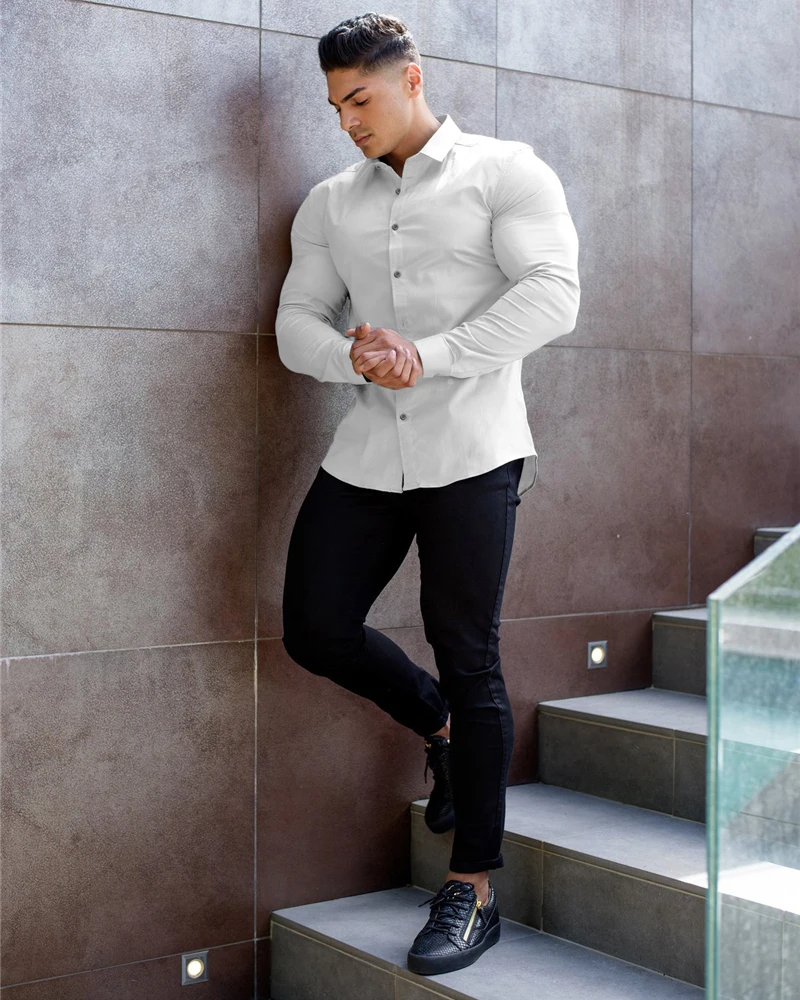 Autumn Fashion Long Sleeve Shirt Men Super Slim Fit Male Casual Social Business Dress Shirt Brand Men Fitness Sports Clothing