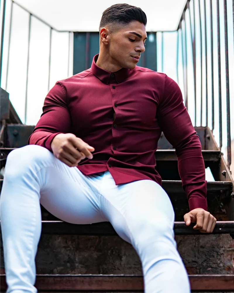 Autumn Fashion Long Sleeve Shirt Men Super Slim Fit Male Casual Social Business Dress Shirt Brand Men Fitness Sports Clothing