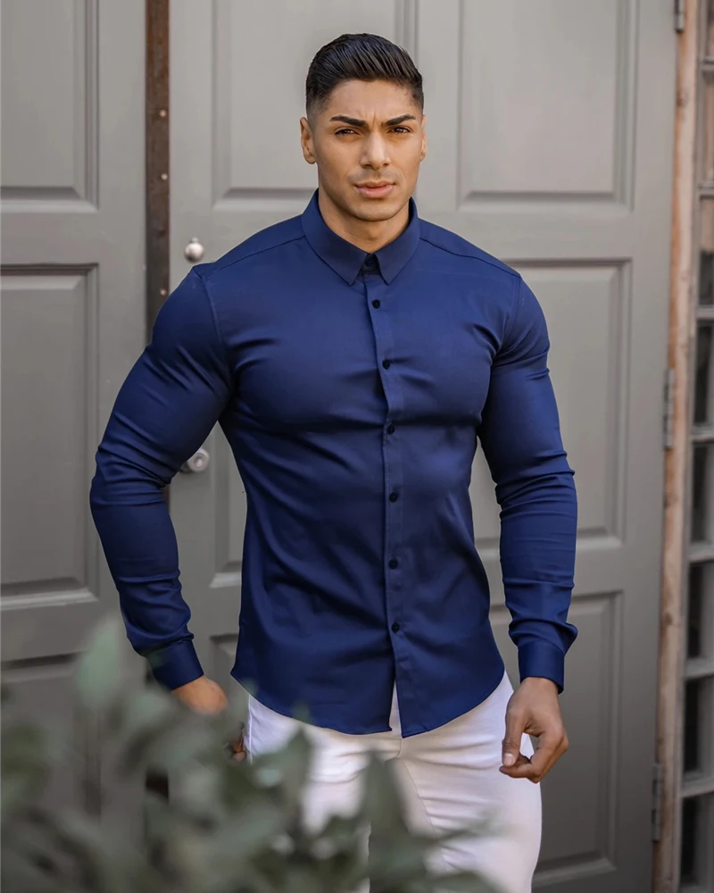 Autumn Fashion Long Sleeve Shirt Men Super Slim Fit Male Casual Social Business Dress Shirt Brand Men Fitness Sports Clothing