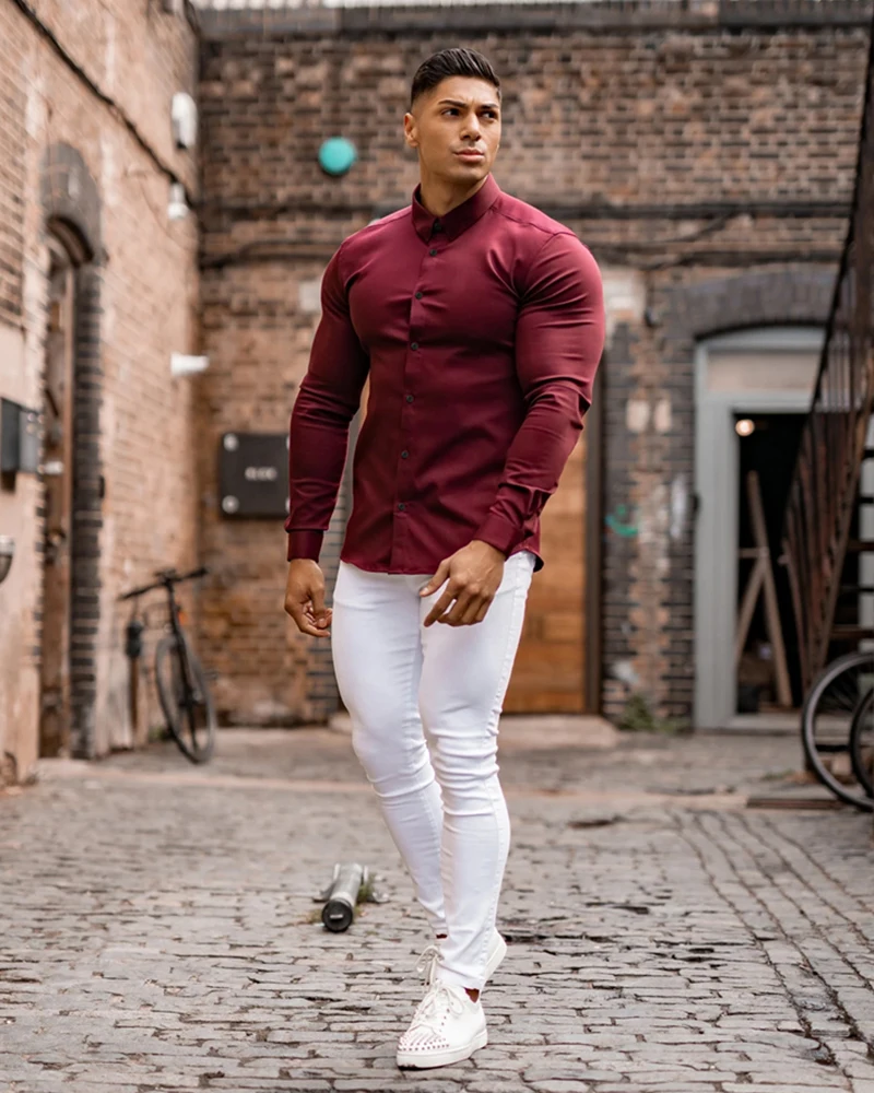 Autumn Fashion Long Sleeve Shirt Men Super Slim Fit Male Casual Social Business Dress Shirt Brand Men Fitness Sports Clothing