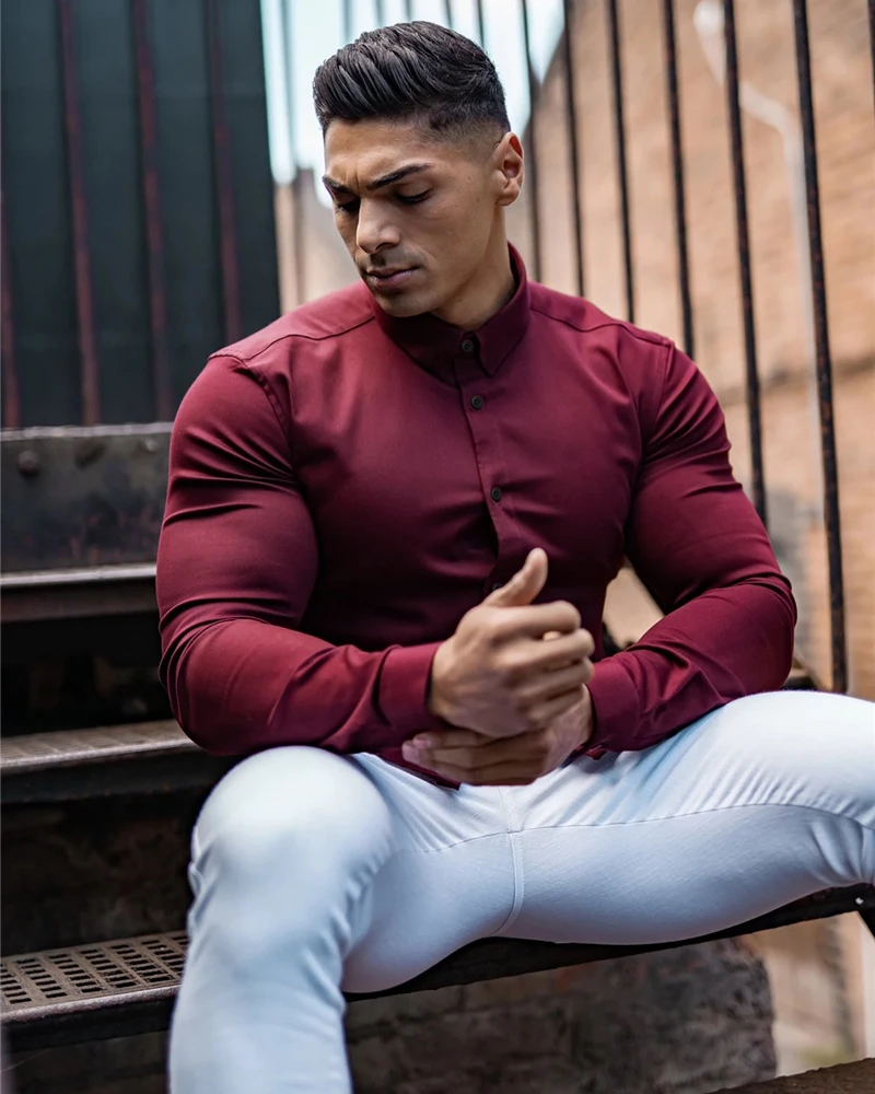 Autumn Fashion Long Sleeve Shirt Men Super Slim Fit Male Casual Social Business Dress Shirt Brand Men Fitness Sports Clothing