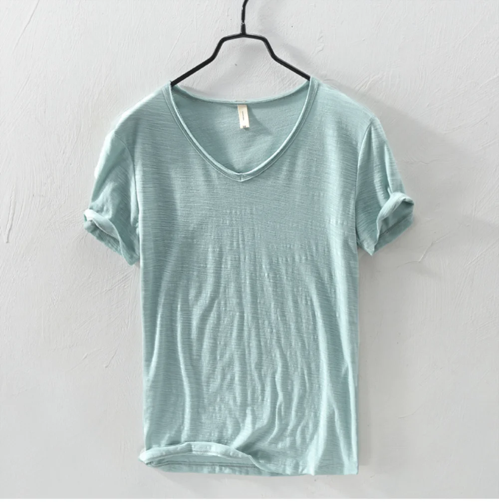 Alternative view of New Mens T Shirt Pure Color V Collar Short Sleeved Tops Tees Men T-Shirt 10colors slim Man T-Shirts Fitness For Male Clothes