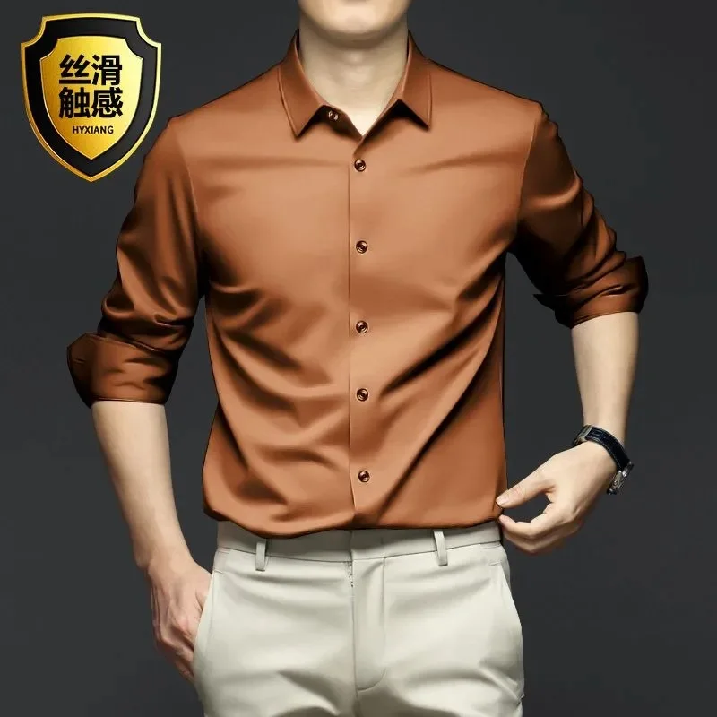Alternative view of New High Quality Orange Men's Long Sleeve Shirt Luxurious Wrinkle Resistant Non Ironing Solid Business Casual Dress Shirt S-5XL