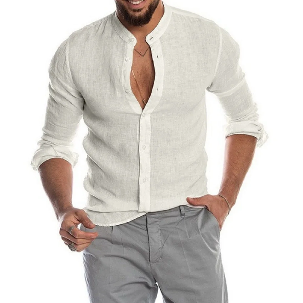Alternative view of Cotton Linen Hot Sale Men's Long-Sleeved Shirts Summer Solid Color  Stand-Up Collar Casual Beach Style Plus Size