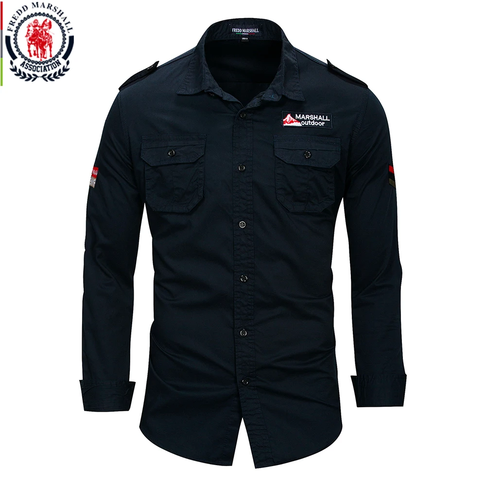 Alternative view of Fredd Marshall 2022 New 100% Cotton Military Shirt Men Long Sleeve Casual Dress Shirt Male Cargo Work Shirts With Embroidery 115