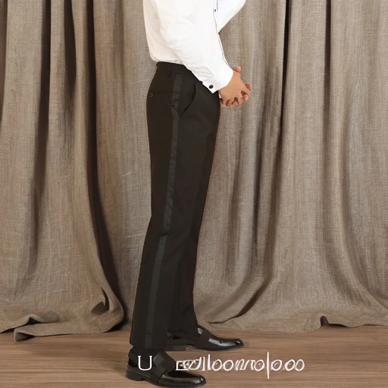 Satin Stripe Suit Pants for Wedding Party One Piece Slim Fit Black Formal Male Trousers Official Business Fashion