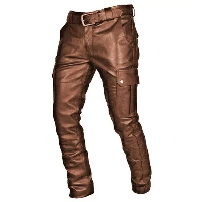 Men's Leather Motorcycle Pants with Cargo Pockets, Black, PU Pants No Belt, Men Trousers Big Size S-5XL Men's Leather Motorcycle Pants with Cargo Pockets, Black, PU Pants No Belt, Men Trousers Big Size S-5XL