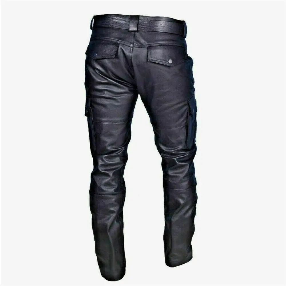 Men's Leather Motorcycle Pants with Cargo Pockets, Black, PU Pants No Belt, Men Trousers Big Size S-5XL Men's Leather Motorcycle Pants with Cargo Pockets, Black, PU Pants No Belt, Men Trousers Big Size S-5XL