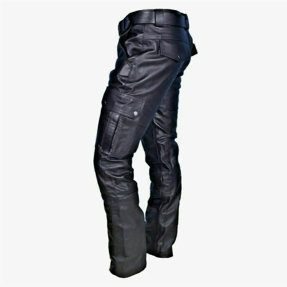 Men's Leather Motorcycle Pants with Cargo Pockets, Black, PU Pants No Belt, Men Trousers Big Size S-5XL Men's Leather Motorcycle Pants with Cargo Pockets, Black, PU Pants No Belt, Men Trousers Big Size S-5XL
