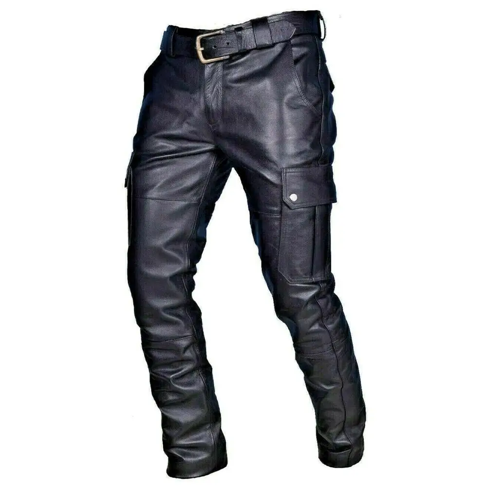 Men's Leather Motorcycle Pants with Cargo Pockets, Black, PU Pants No Belt, Men Trousers Big Size S-5XL Men's Leather Motorcycle Pants with Cargo Pockets, Black, PU Pants No Belt, Men Trousers Big Size S-5XL