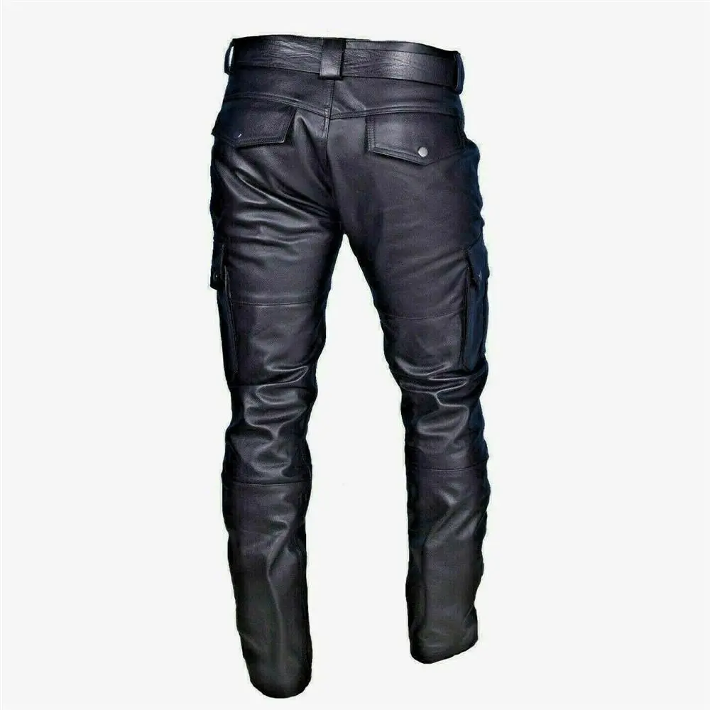 Alternative view of Men's Leather Motorcycle Pants with Cargo Pockets, Black, PU Pants  No Belt, Men Trousers Big Size S-5XL