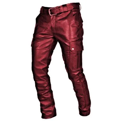Men's Leather Motorcycle Pants with Cargo Pockets, Black, PU Pants No Belt, Men Trousers Big Size S-5XL Men's Leather Motorcycle Pants with Cargo Pockets, Black, PU Pants No Belt, Men Trousers Big Size S-5XL