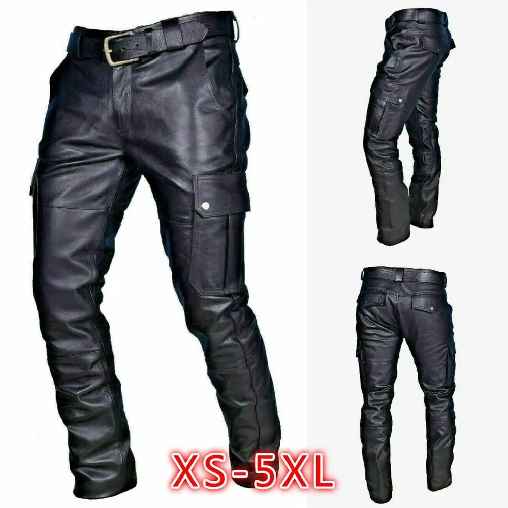 Men's Leather Motorcycle Pants with Cargo Pockets, Black, PU Pants No Belt, Men Trousers Big Size S-5XL Men's Leather Motorcycle Pants with Cargo Pockets, Black, PU Pants No Belt, Men Trousers Big Size S-5XL