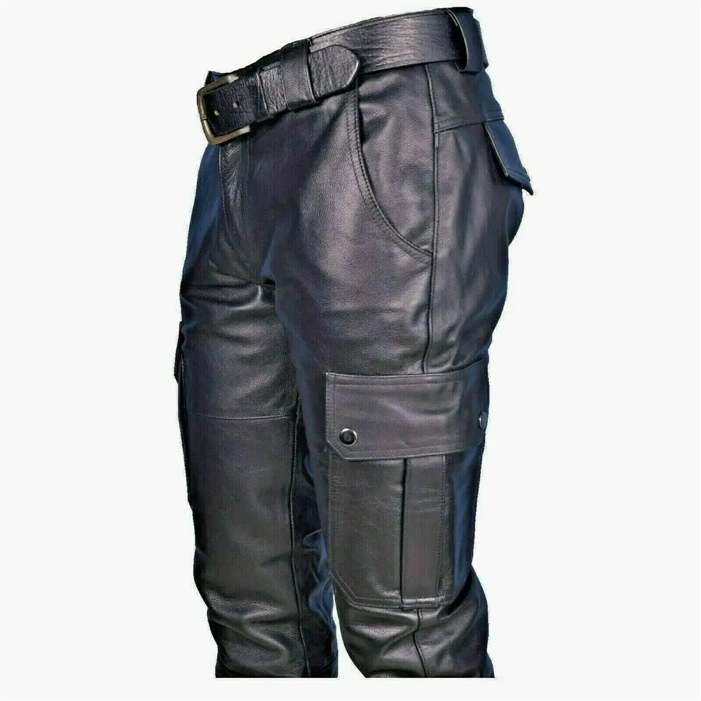 Men's Leather Motorcycle Pants with Cargo Pockets, Black, PU Pants No Belt, Men Trousers Big Size S-5XL Men's Leather Motorcycle Pants with Cargo Pockets, Black, PU Pants No Belt, Men Trousers Big Size S-5XL