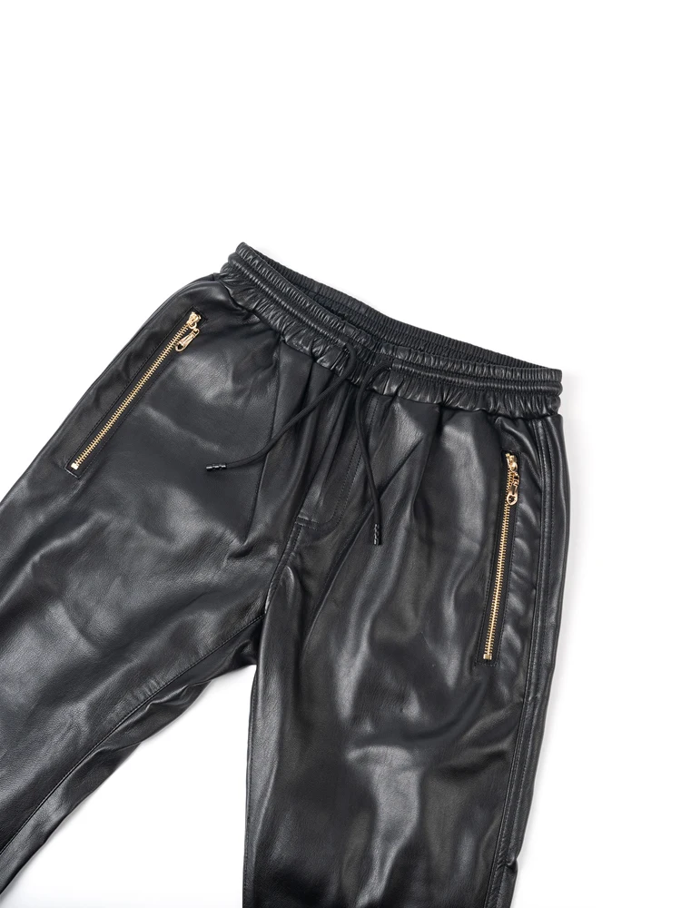 Men's Leather Pants Elastic Waist Jogger Pants PU Leather Motorcycle Trousers Biker's Pants