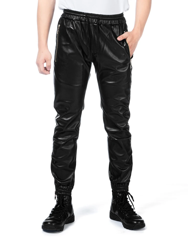 Men's Leather Pants Elastic Waist Jogger Pants PU Leather Motorcycle Trousers Biker's Pants